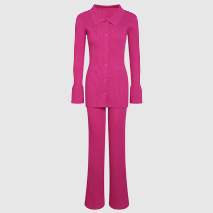 Women’s Knit Set – Ribbed Cardigan Top with Collared Neck – Matching Flared Pants