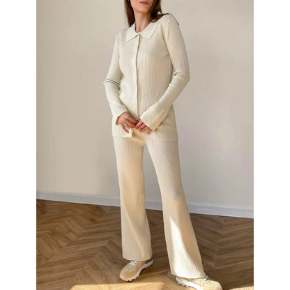 Women’s Knit Set – Ribbed Cardigan Top with Collared Neck – Matching Flared Pants