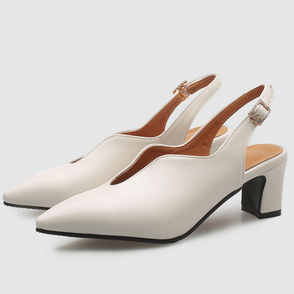 Women's Slingback Heels - Pointed Toe - Block Heel - Adjustable Strap Elegant Shoes