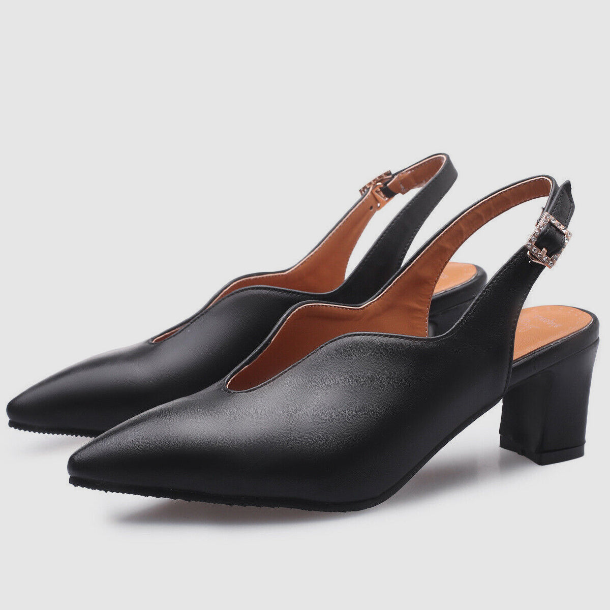 Women's Slingback Heels - Pointed Toe - Block Heel - Adjustable Strap Elegant Shoes