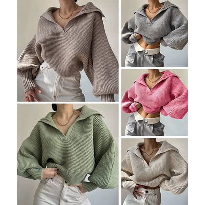 Women's knit loose balloon sleeve open-neck sweater