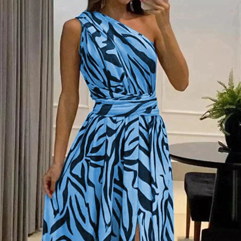 Stylish One-Shoulder Maxi Dress with Split Detail and Sleeveless Design