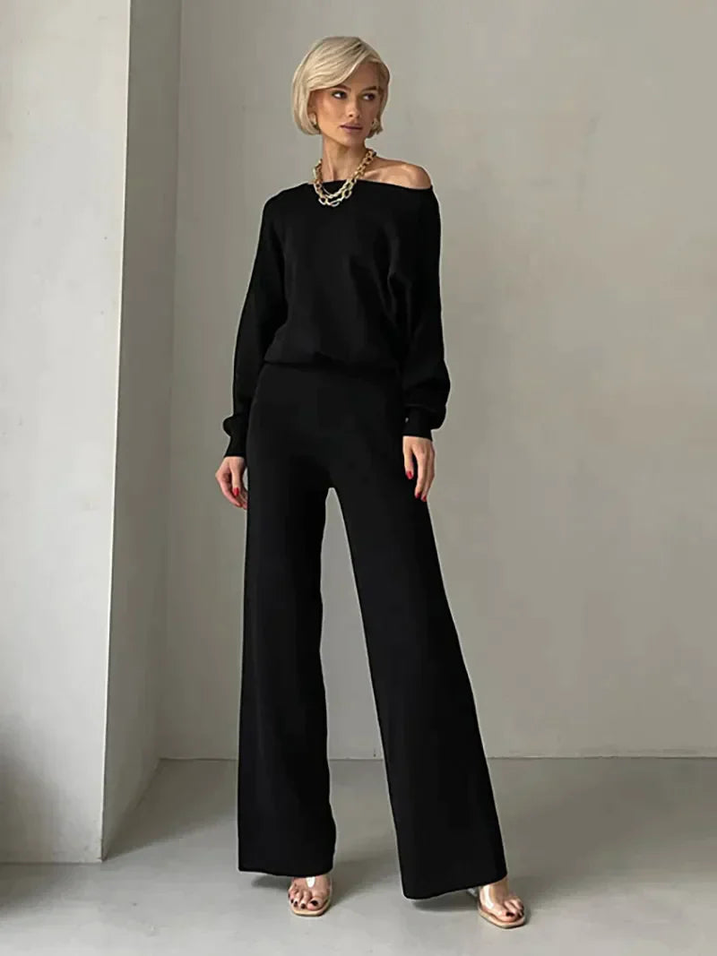 Women's knitted oblique shoulder and pants set