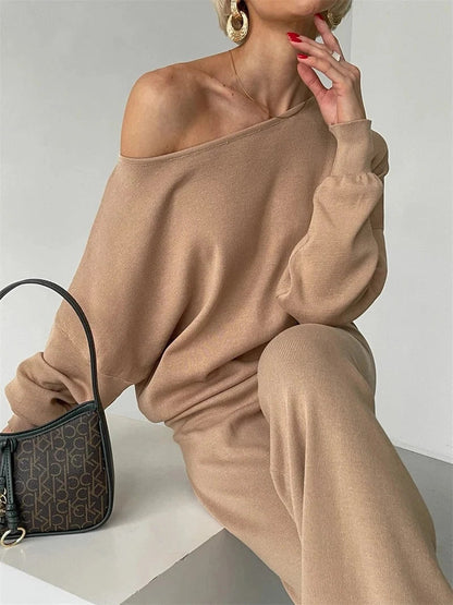 Women's knitted oblique shoulder and pants set