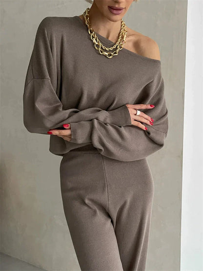 Women's knitted oblique shoulder and pants set