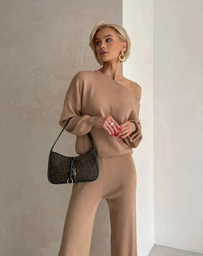 Women's knitted oblique shoulder and pants set