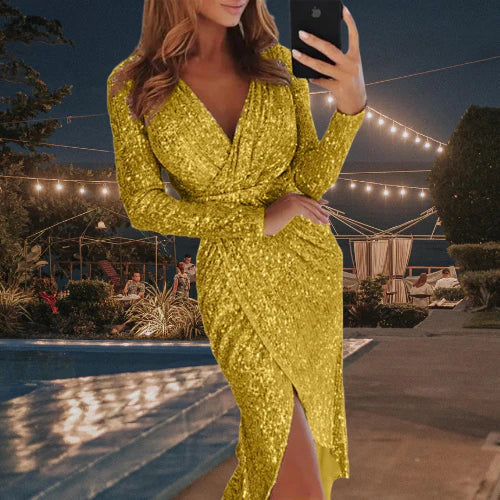 Women's Evening Dress - Sequin Midi - V-Neck Long Sleeve - Elegant Bodycon with Front Slit
