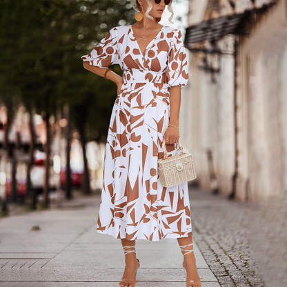 Women's Midi Dress - A-Line Silhouette - V-Neck - Short Puff Sleeves - Cinched Waist
