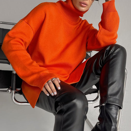 Side Slit Fashionable Turtleneck Jumper
