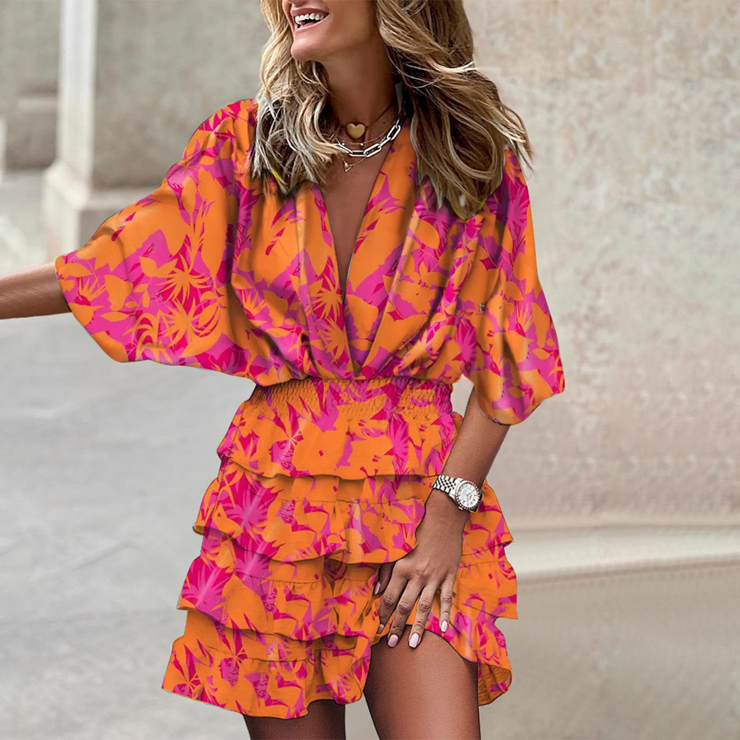 Women's Mini Dress - Tropical Leaf Print - Deep V-Neck - Cinched Waist - Ruffled Hem