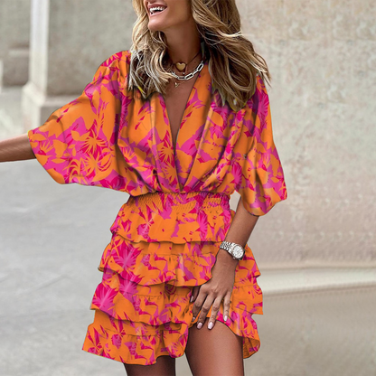Women's Mini Dress - Tropical Leaf Print - Deep V-Neck - Cinched Waist - Ruffled Hem