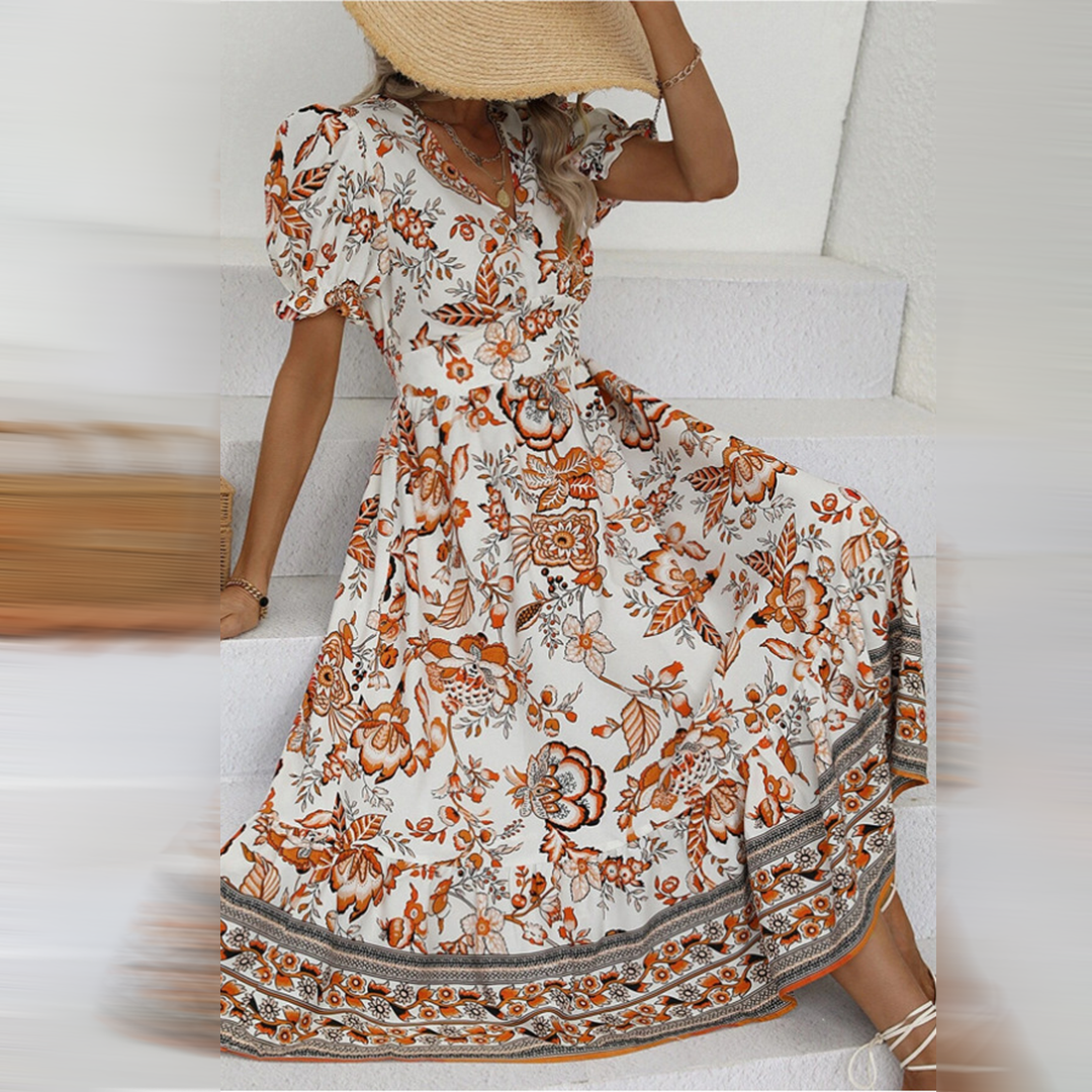 Women's Midi Dress - Floral Print - Puff Sleeve V-Neck - Cinched Waist A-Line