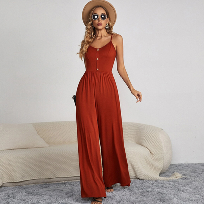Women’s Jumpsuit - Sleeveless Spaghetti Strap - Button Front - Wide Leg Fit