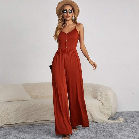 Wide Leg Spaghetti Strap Button Front Jumpsuit