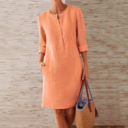 Women's Casual Dress - Knee-Length Shift Fit - Button Front - Long Sleeves