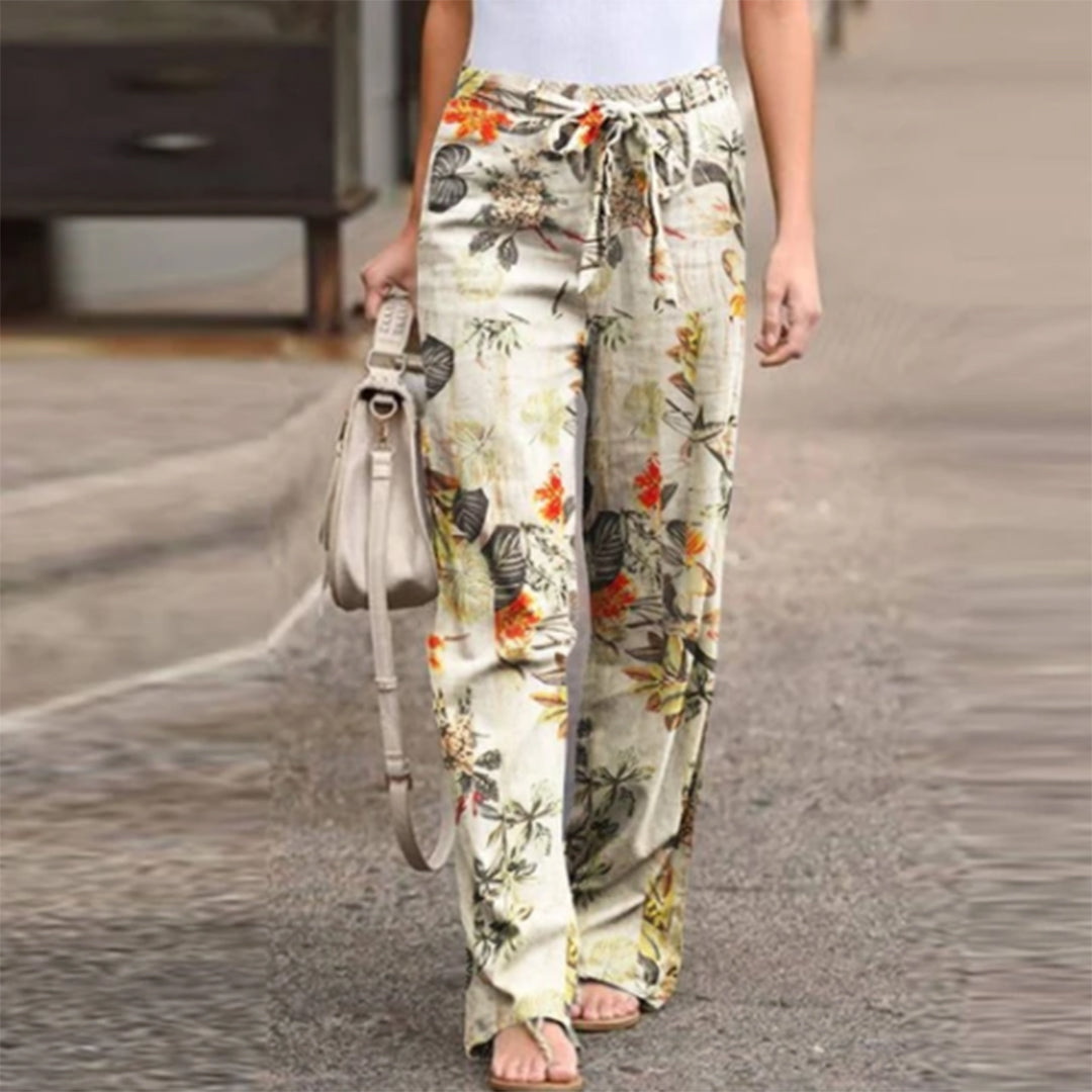 Women's Casual Pants - Floral Print - Relaxed Fit - Drawstring Waist - Lightweight