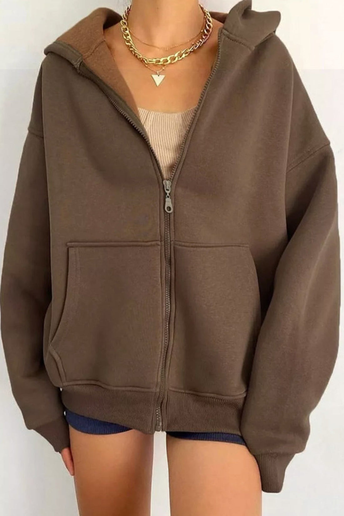 Women's oversized solid zip-up hoodie with pockets