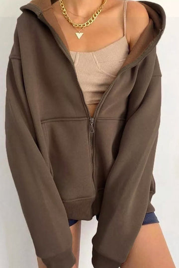 Women's oversized solid zip-up hoodie with pockets