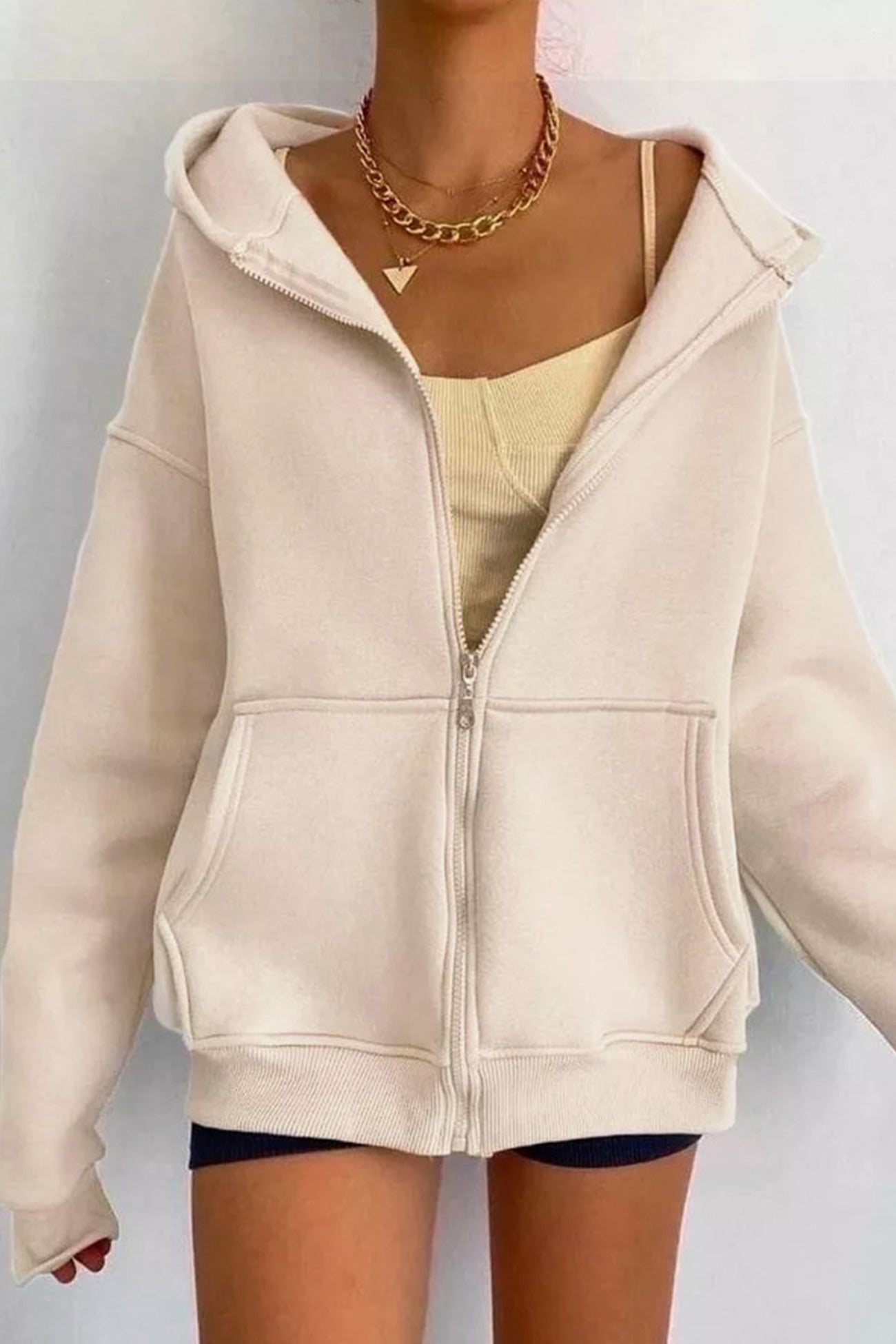 Women's oversized solid zip-up hoodie with pockets