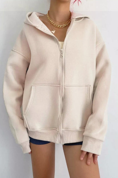 Women's oversized solid zip-up hoodie with pockets