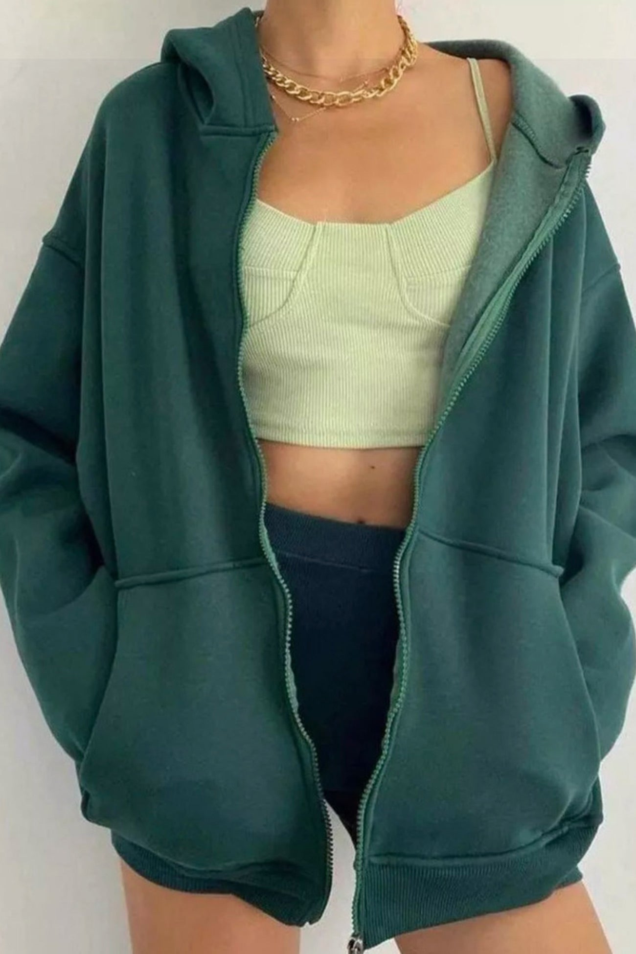 Women's oversized solid zip-up hoodie with pockets