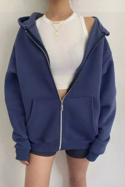 Women's oversized solid zip-up hoodie with pockets