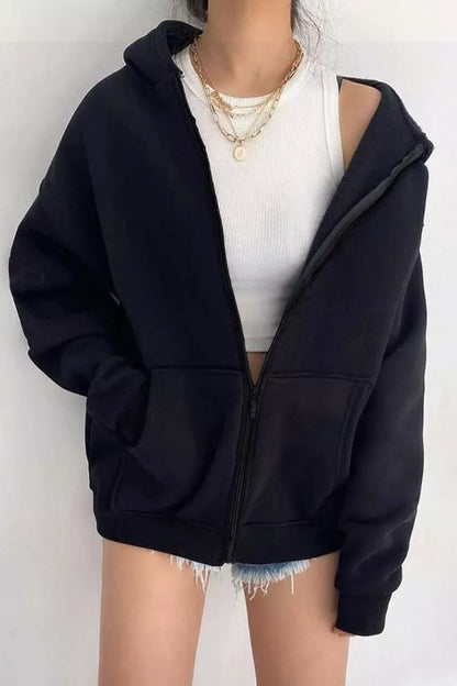 Women's oversized solid zip-up hoodie with pockets