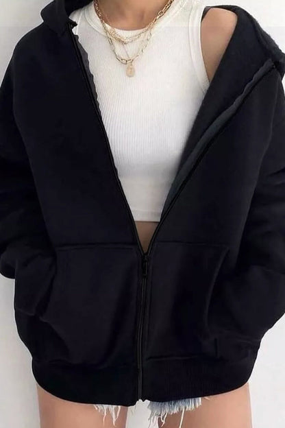 Women's oversized solid zip-up hoodie with pockets