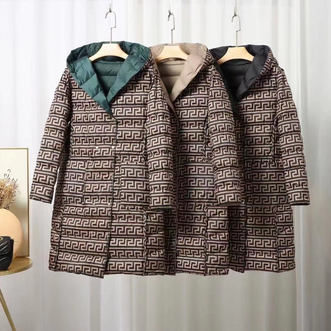 Reversible hooded down winter jacket for women