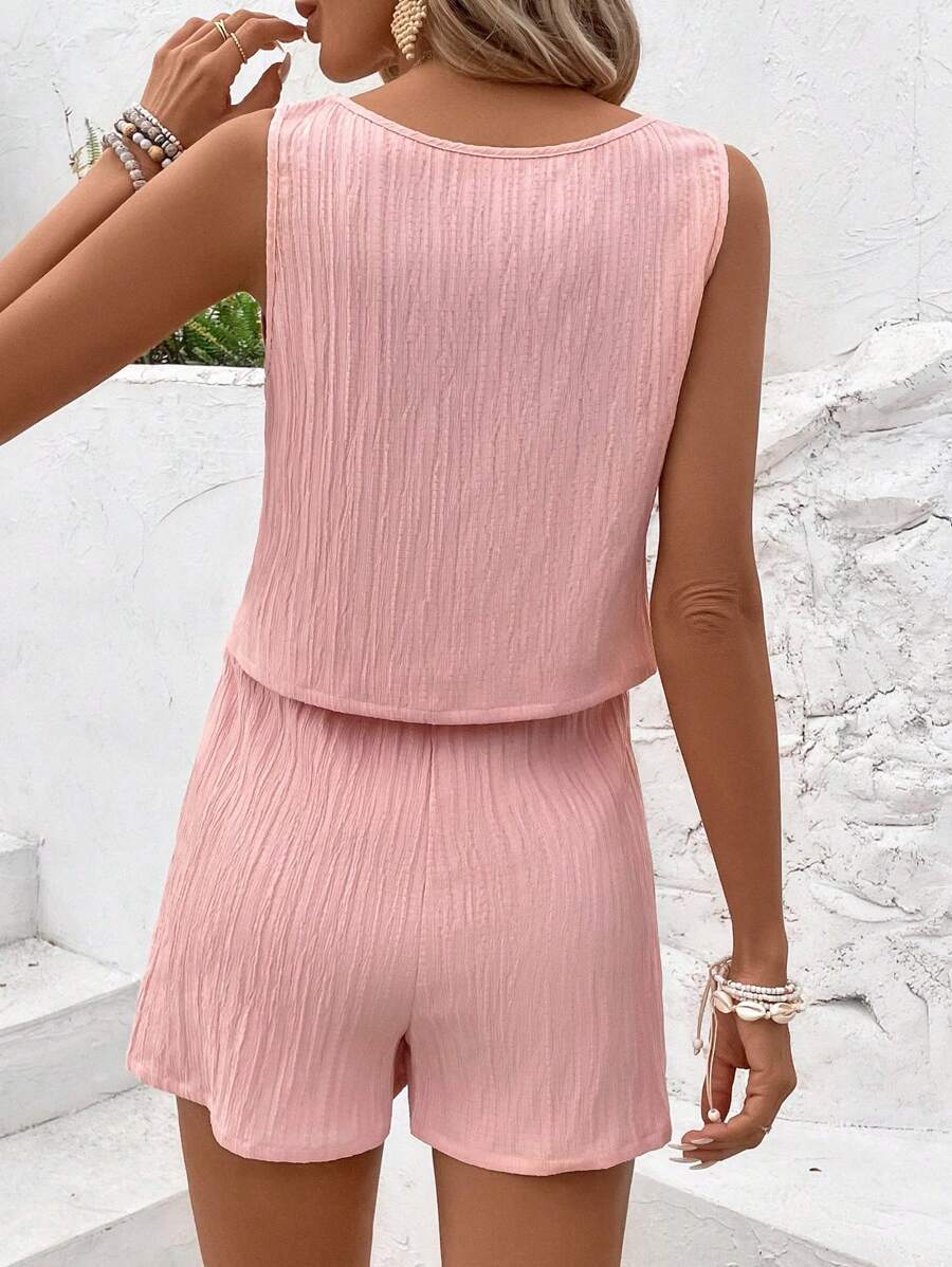 Women’s Two-Piece Set - Sleeveless Square Neck Tank Top - Elastic Waist Shorts - Relaxed Fit