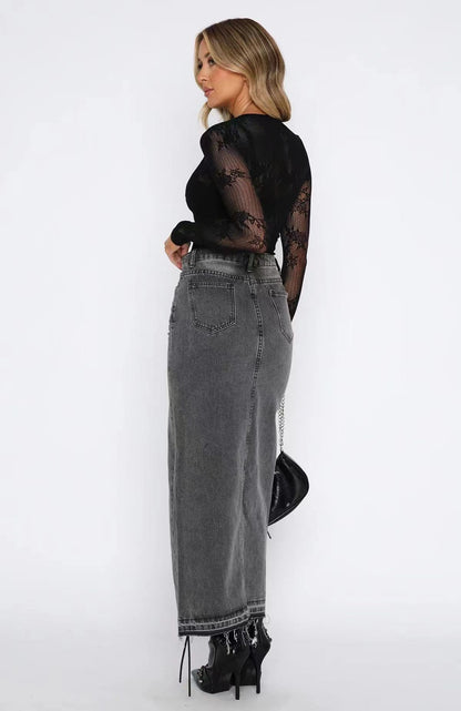 Women’s Denim Maxi Skirt – High Waist – Front Slit – Button Closure – Belt Loops