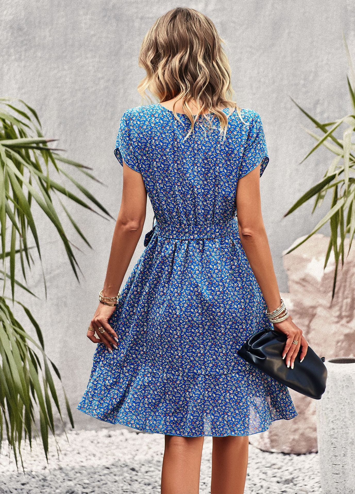Women's Midi Dress - Cinched Waist - Short Sleeve - Ruffled Hem - Floral Print