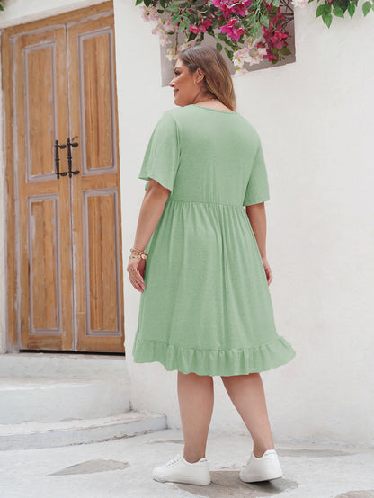 Women's A-Line Dress - Lace Detail - Short Sleeve - Ruffle Hem - Knee-Length Casual Wear
