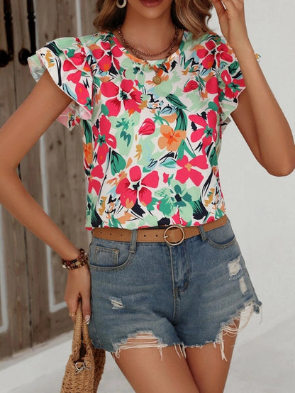 Women's Floral Blouse - Round Neck - Flutter Short Sleeves - Lightweight Casual Fit