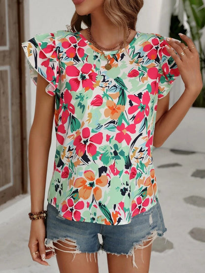 Women's Floral Blouse - Round Neck - Flutter Short Sleeves - Lightweight Casual Fit
