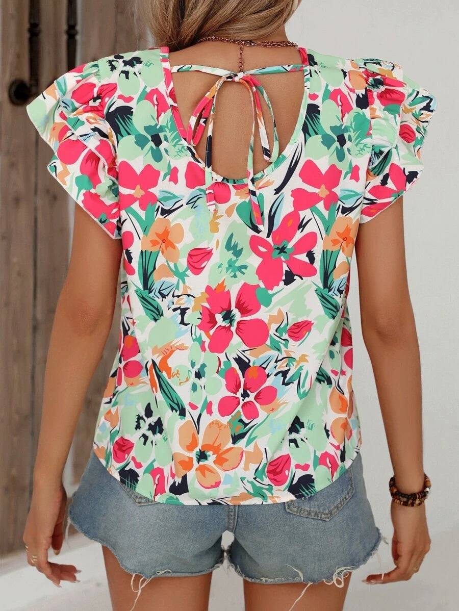 Women's Floral Blouse - Round Neck - Flutter Short Sleeves - Lightweight Casual Fit