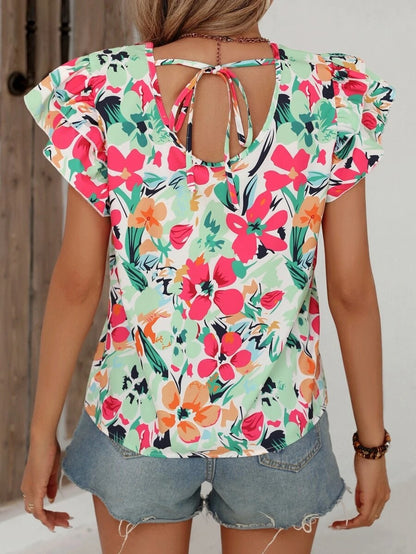 Women's Floral Blouse - Round Neck - Flutter Short Sleeves - Lightweight Casual Fit