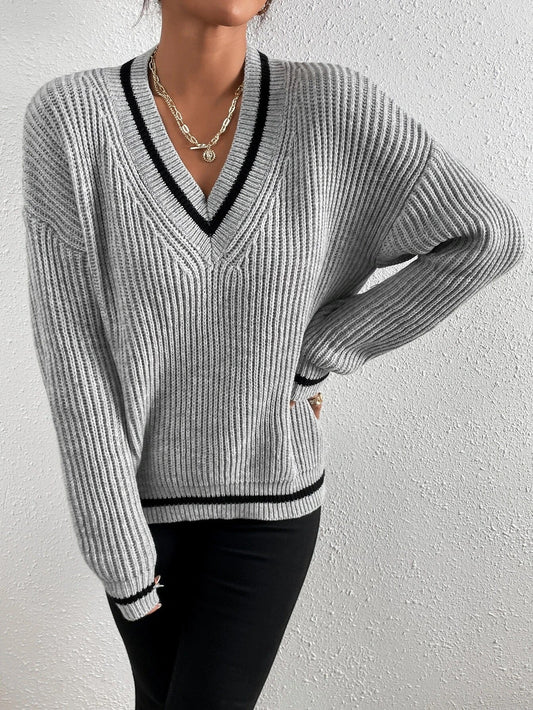 Patchwork V-Neck Casual Sweater