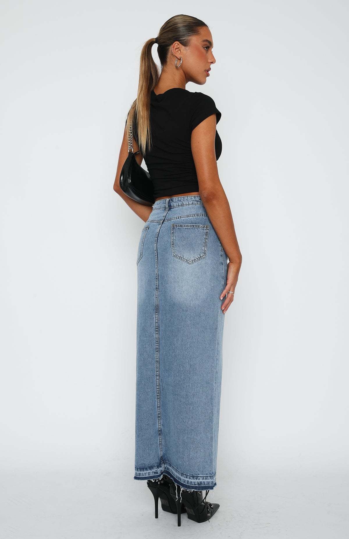 Women’s Denim Maxi Skirt – High Waist – Front Slit – Button Closure – Belt Loops