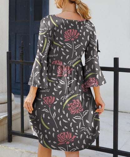 Women's Bohemian Dress - A-Line Relaxed Fit - 3/4 Flared Sleeves - Geometric Print