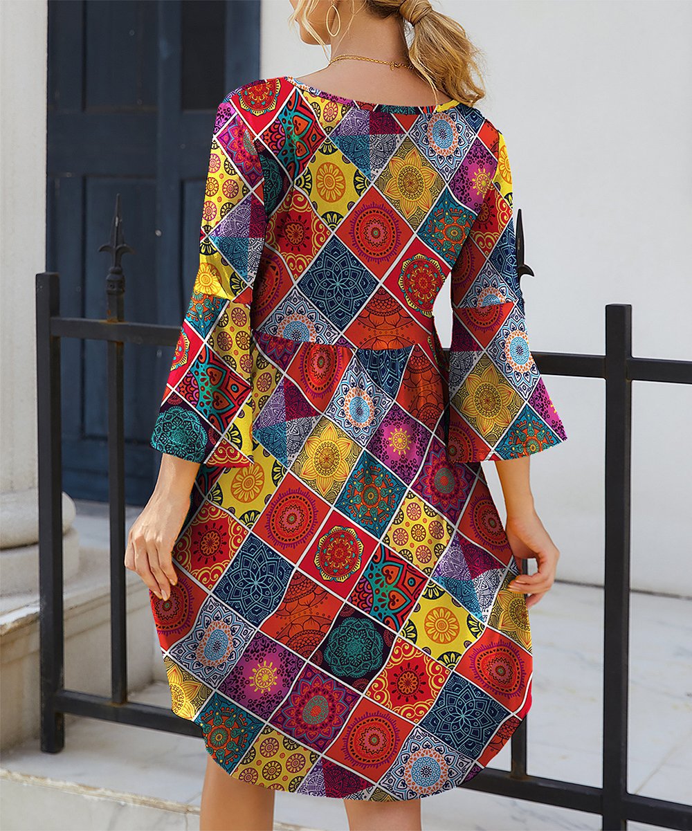 Women's Bohemian Dress - A-Line Relaxed Fit - 3/4 Flared Sleeves - Geometric Print
