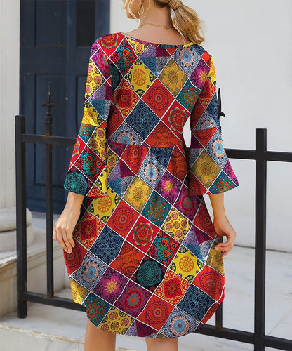 Women's Bohemian Dress - A-Line Relaxed Fit - 3/4 Flared Sleeves - Geometric Print