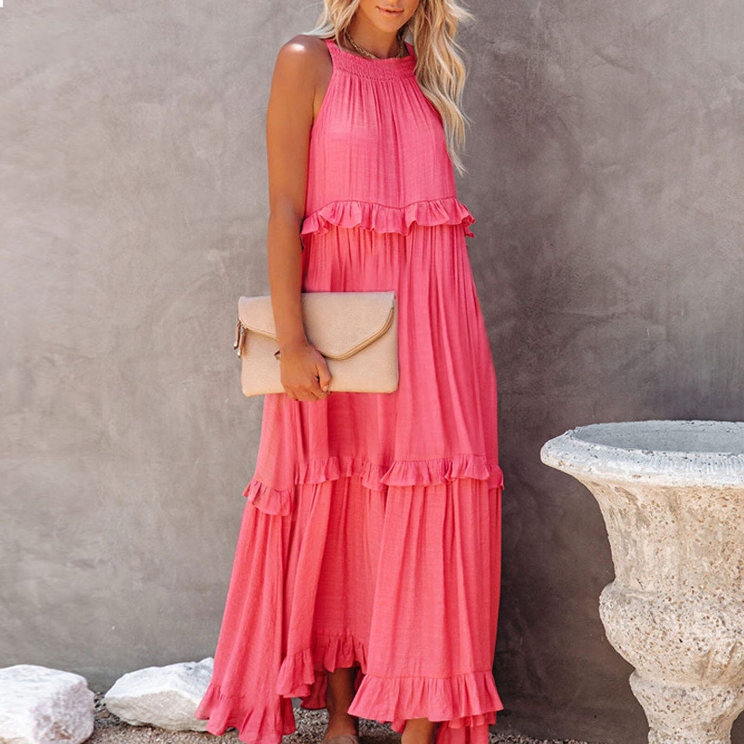 Women's Maxi Dress - Sleeveless Halter Neck - Flowy Relaxed Fit - Ruffled Detailing
