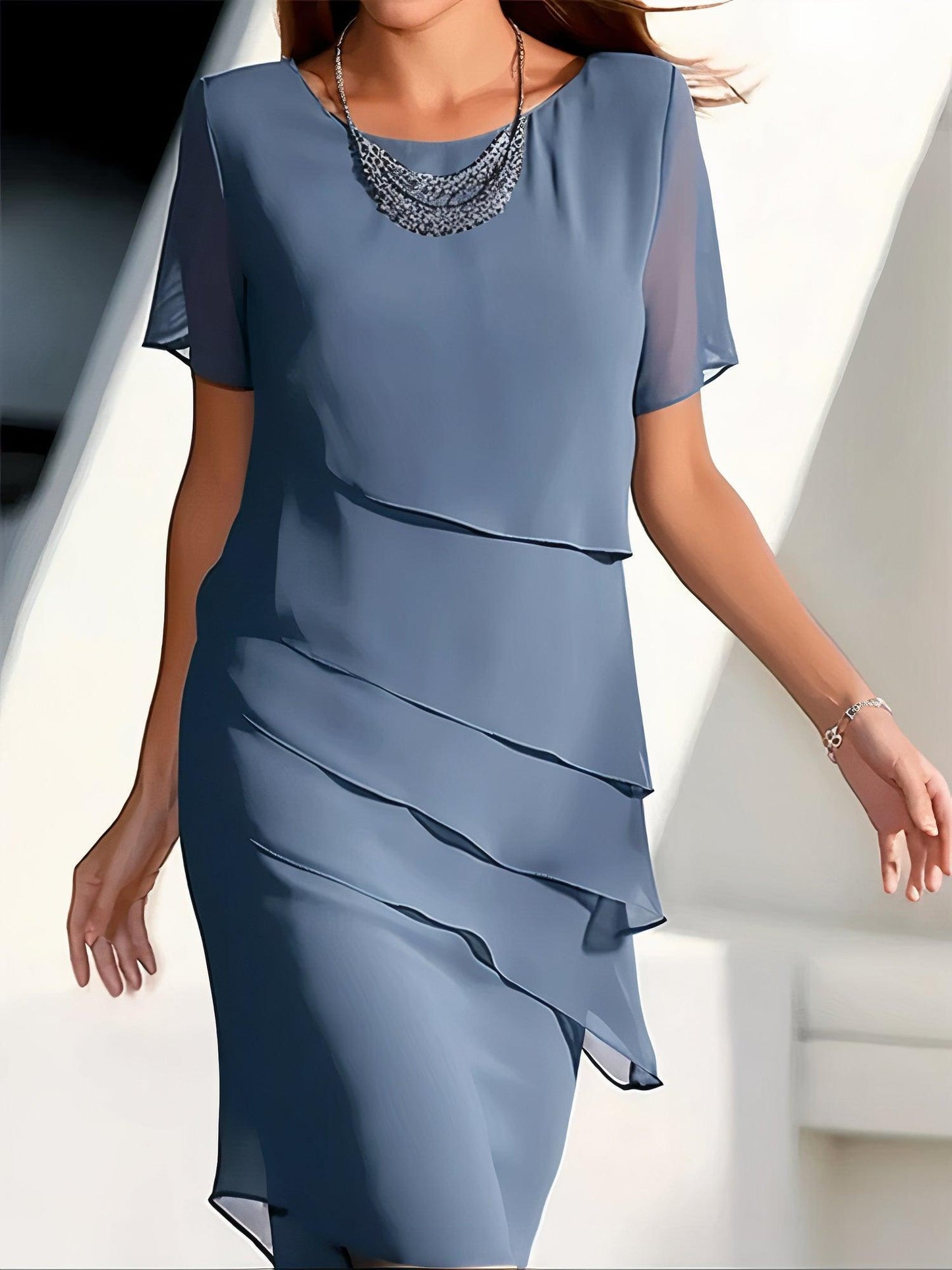 Women’s Midi Dress – Flowy Fit – Layered Tiers – Short Sleeve Formal Wear