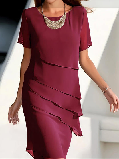 Women’s Midi Dress – Flowy Fit – Layered Tiers – Short Sleeve Formal Wear