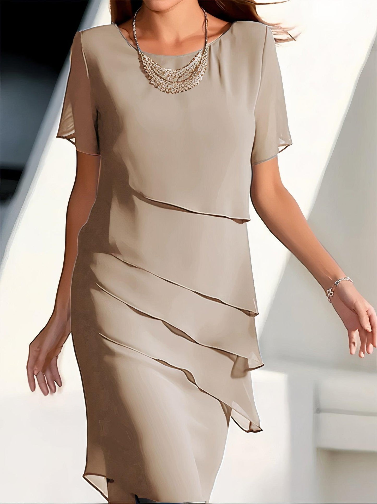 Women’s Midi Dress – Flowy Fit – Layered Tiers – Short Sleeve Formal Wear