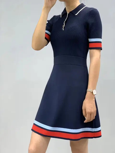 Ribbed Knit Fitted Short Sleeve Polo Dress