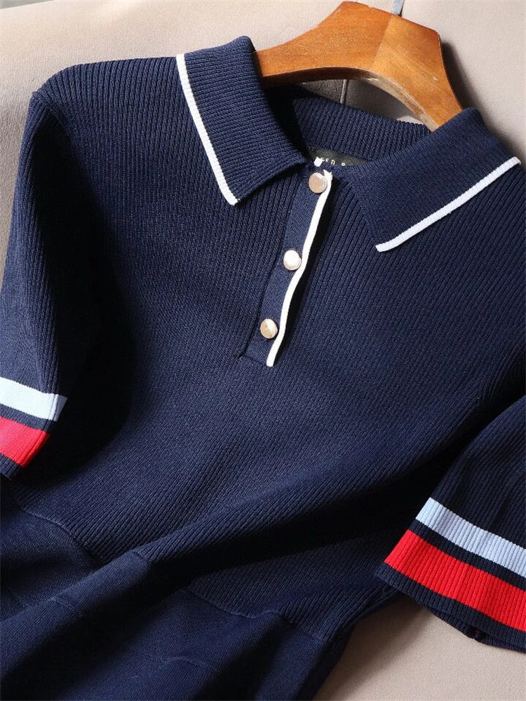 Ribbed Knit Fitted Short Sleeve Polo Dress