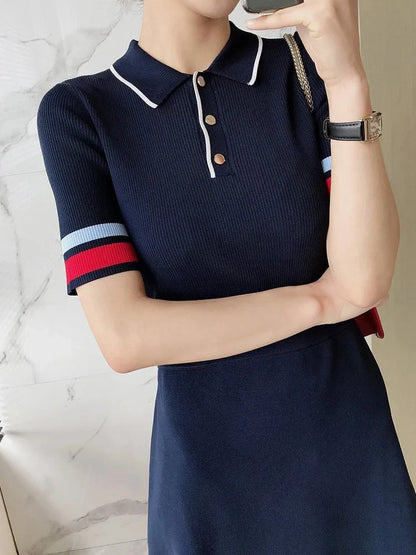 Women's Knit Polo Dress - Ribbed Fabric - Short Sleeve - Button-Up Collar - Fitted Casual Wear