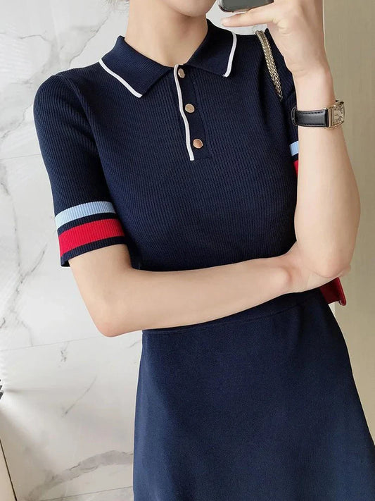 Ribbed Knit Fitted Short Sleeve Polo Dress